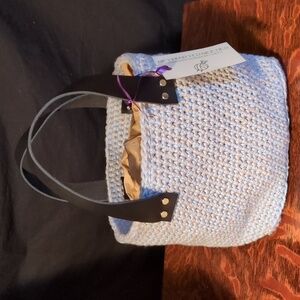 NEW! Handmade Crochet Mini Bucket Bag Genuine Leather Handles Pastel Blue Gray